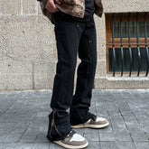 Men Jeans Zipper Slit Casual Pants Loose Straight Bootcut Pants